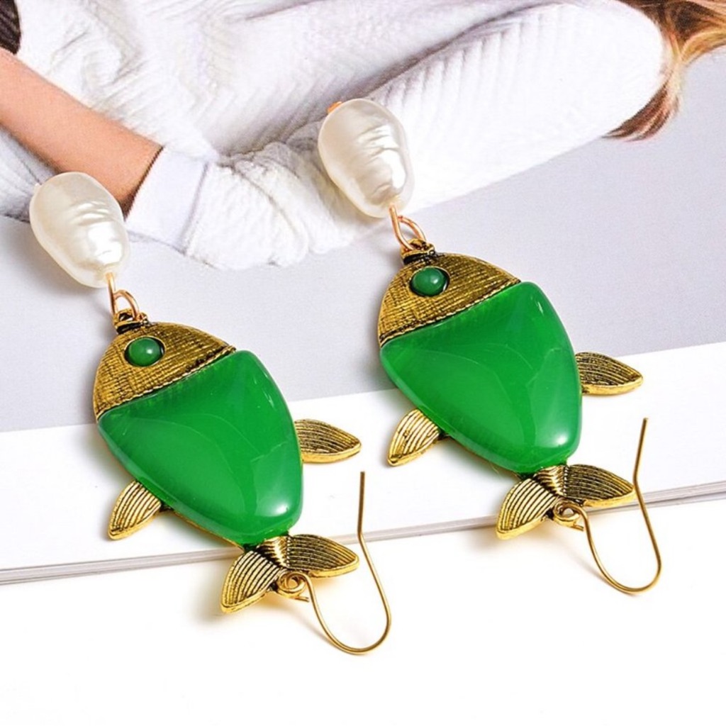 Green Pearl Fish Earrings!